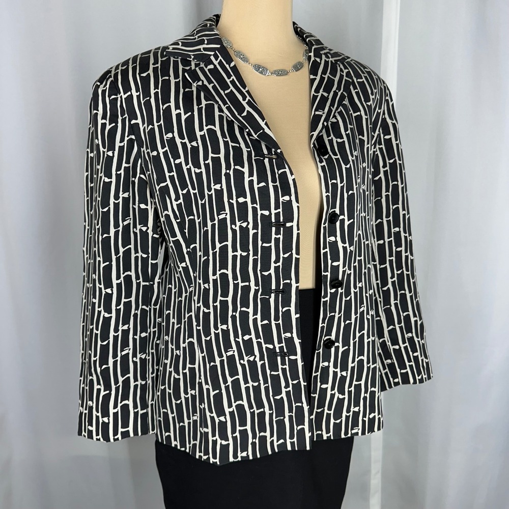 Talbots Pure Silk Blazer Jacket Size 10 Black Ivory Abstract Bamboo Print